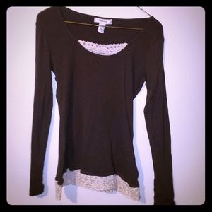 Long Sleeve Brown Shirt w/ Lace and Yellow Jewels